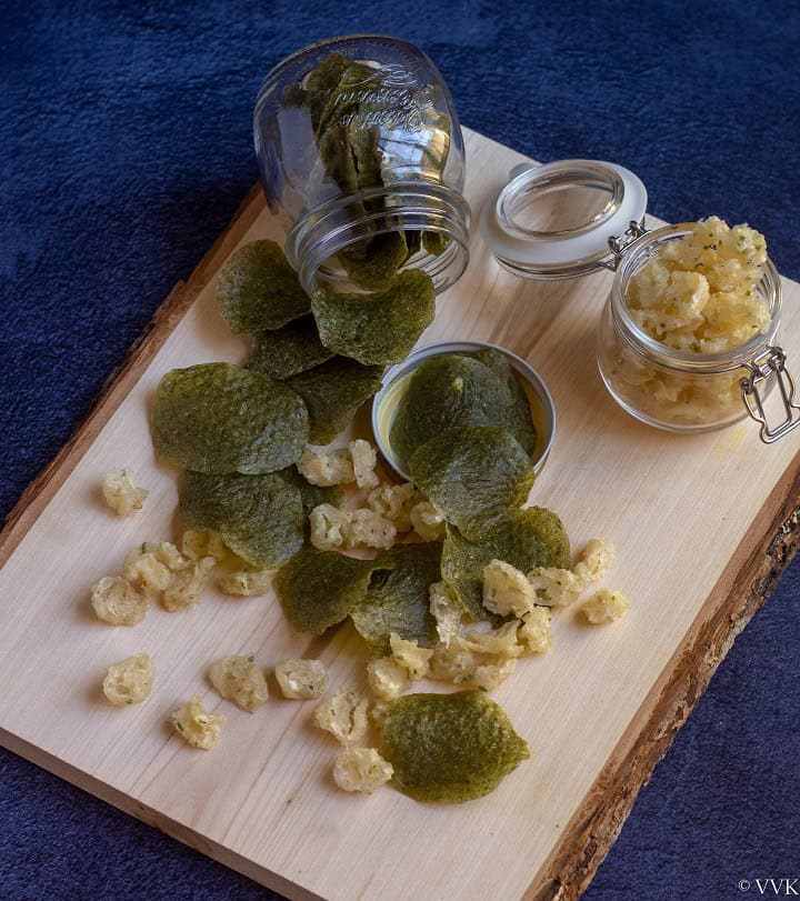 sun dried onion and green vadam on a wooden board