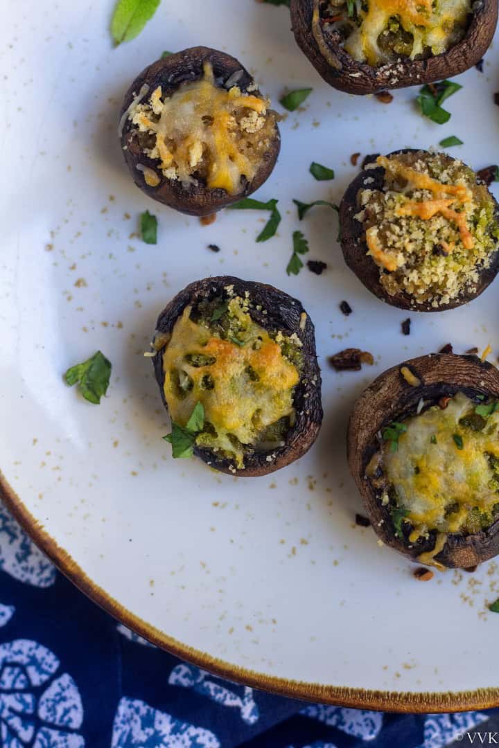 closeup shot of stuffed and baked mushrooms