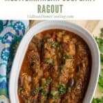 overhead shot of eggplant ragout with text overlay for pinterest