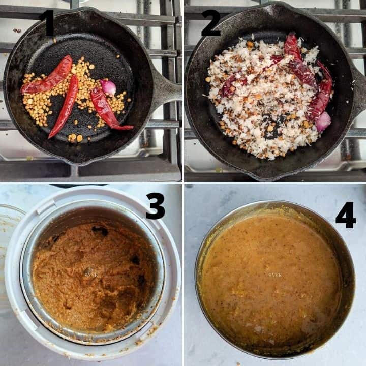 collage of roasting and grinding spices for the arachuvitta sambar