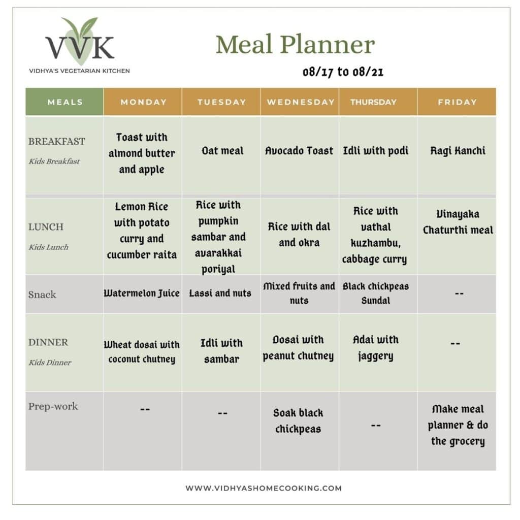 Weekly Meal Planner | South Indian Vegetarian Meal Planner