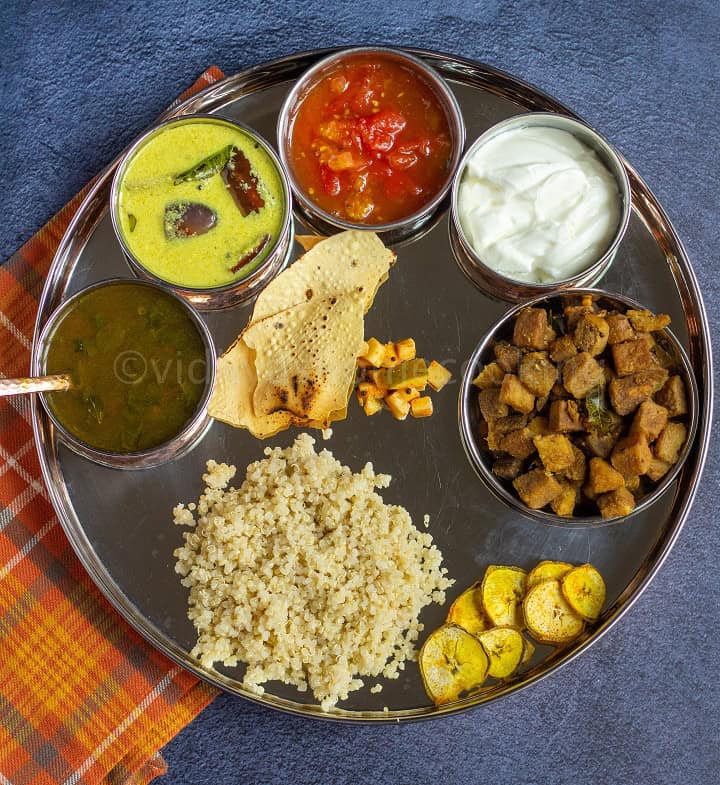 overhead shot of mor kuzhambu thali