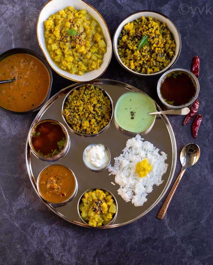 tamil bramin style lunch menu with kuzhambu, kootu, poriyal and rasam