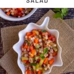 Barley salad on a leaf shaped bowl with text overlay for pinterest