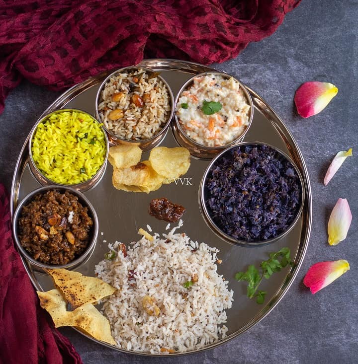 aadi 18 lunch recipes with lemon, tamarind, coconut, jaggery, yogurt rice with cabbage curry