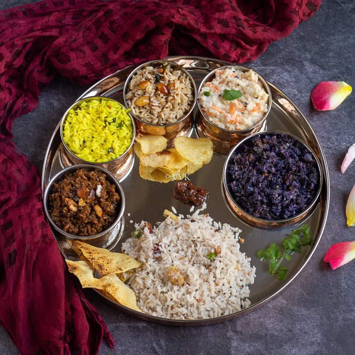 aadi 18 lunch recipes with lemon, tamarind, coconut, jaggery, yogurt rice with cabbage curry