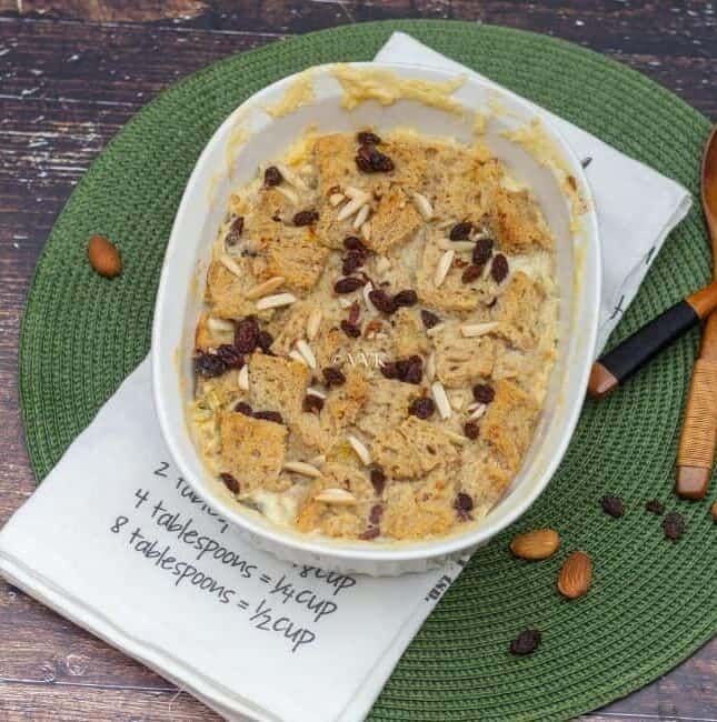 baked bread pudding served in a white serveware