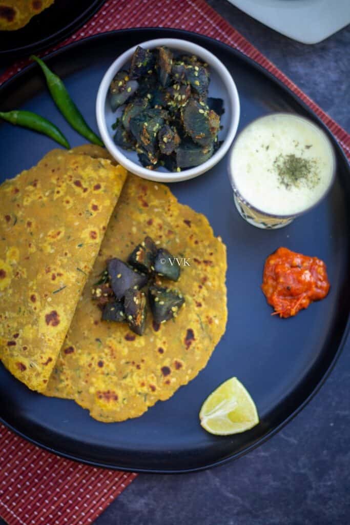 simple gujarati lunch menu with thepla, batata nu shaak, pickle and chaas