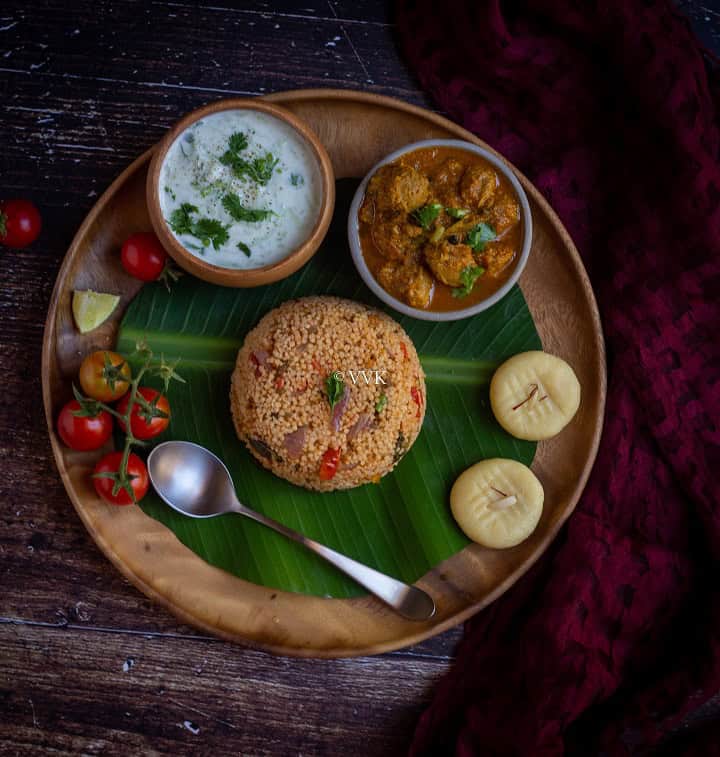 simple millet biryani served with raita, salna and peda