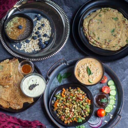 square image of oats platter with bhel, overnight oats, dosa and oatmeal