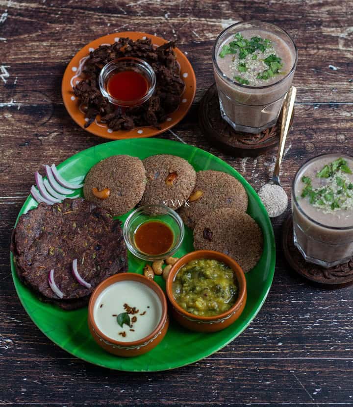 ragi platter with adai, idli, kanji and pakoda