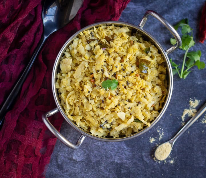 overhead shot of vazhakkai podimas in a kadai shaped bowl