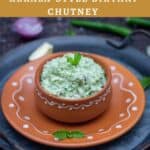 biryani chutney served in terracotta bowl placed on stacked trays with text overlay for pinterest