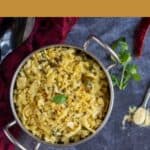 plantain curry served in a kadai shaped bowl with text overlay for pinterest