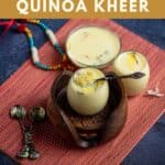 quinoa kheer served in glass jars placed on a red mat with text overlay for pinterest