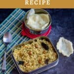 tamarind rice in lunch box with fryums on the side with text overylay for pinterest