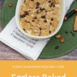 baked bread pudding with text overlay for pinterest