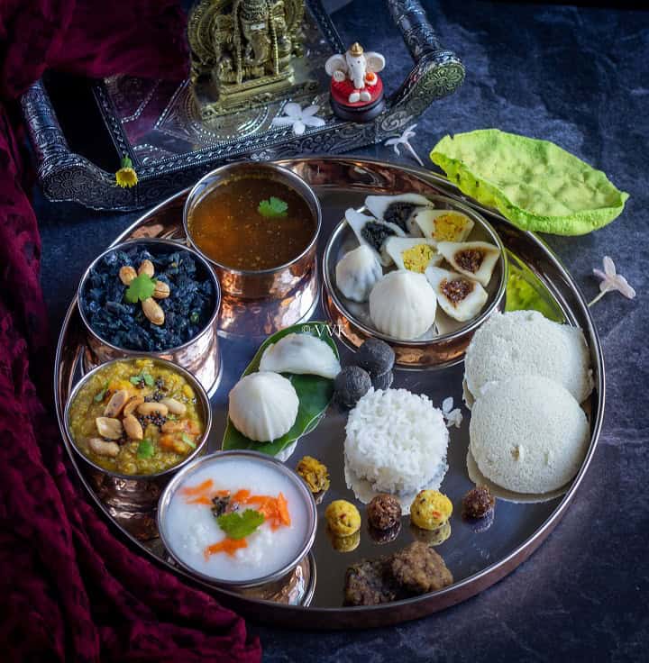 Festive special south indian lunch menu with assorted kozhukattai