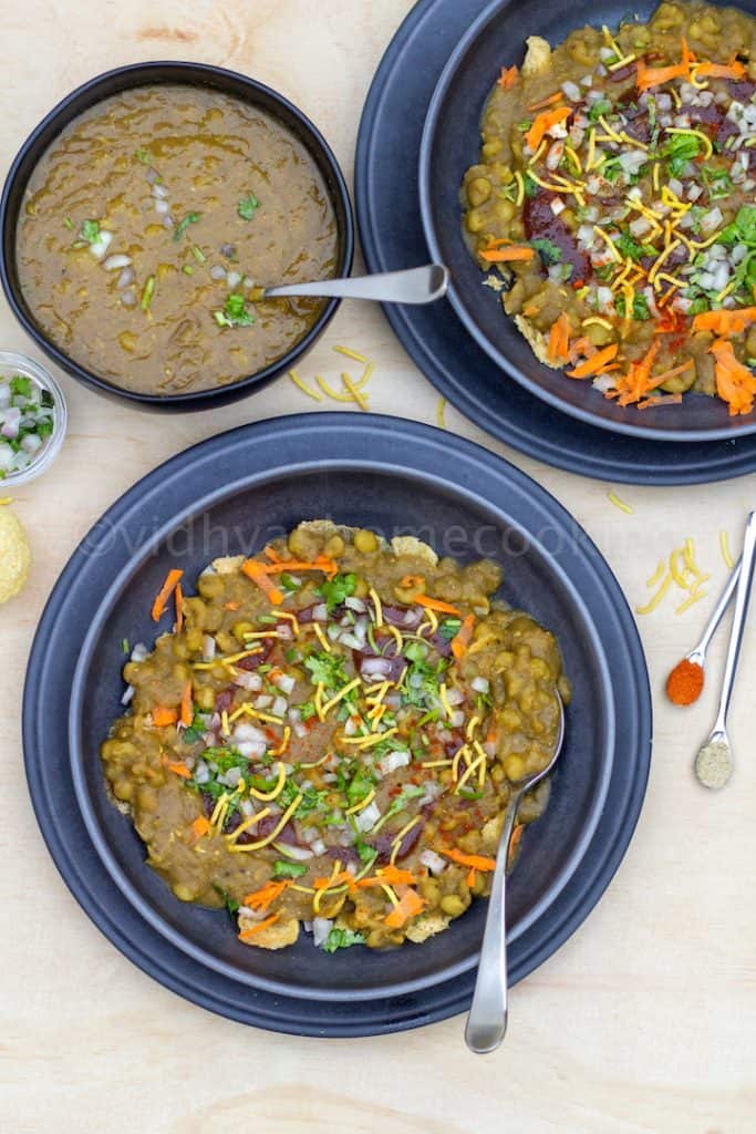 overhead shot of masala puri served in two wide bowls