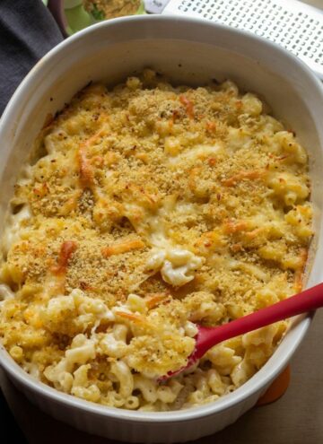 square image of baked mac and cheese in a casserole