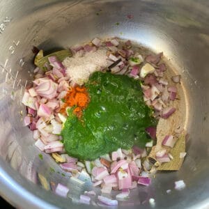adding the spinach puree and red chili powder