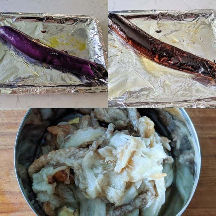 broiling brinjal, cooling and mashing