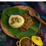 brinjal gothsu served in yellow casserole and plate of pongal and gothsu on the back with text overlay on top for pinterest