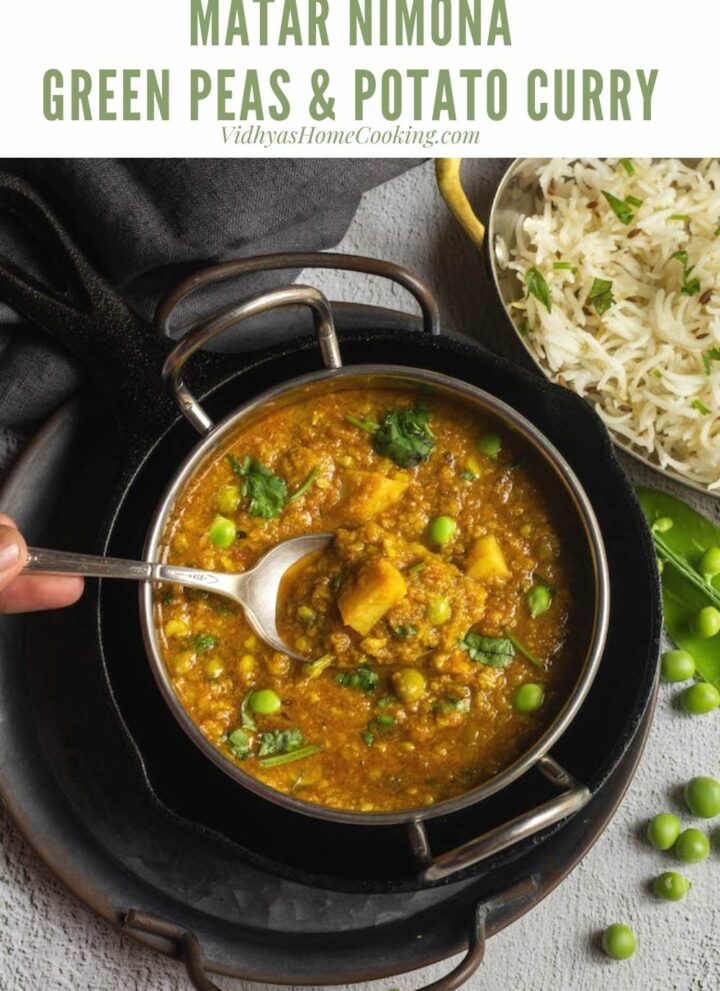 matar nimona in a bowl with spoon inside - pinterest image with text overlay