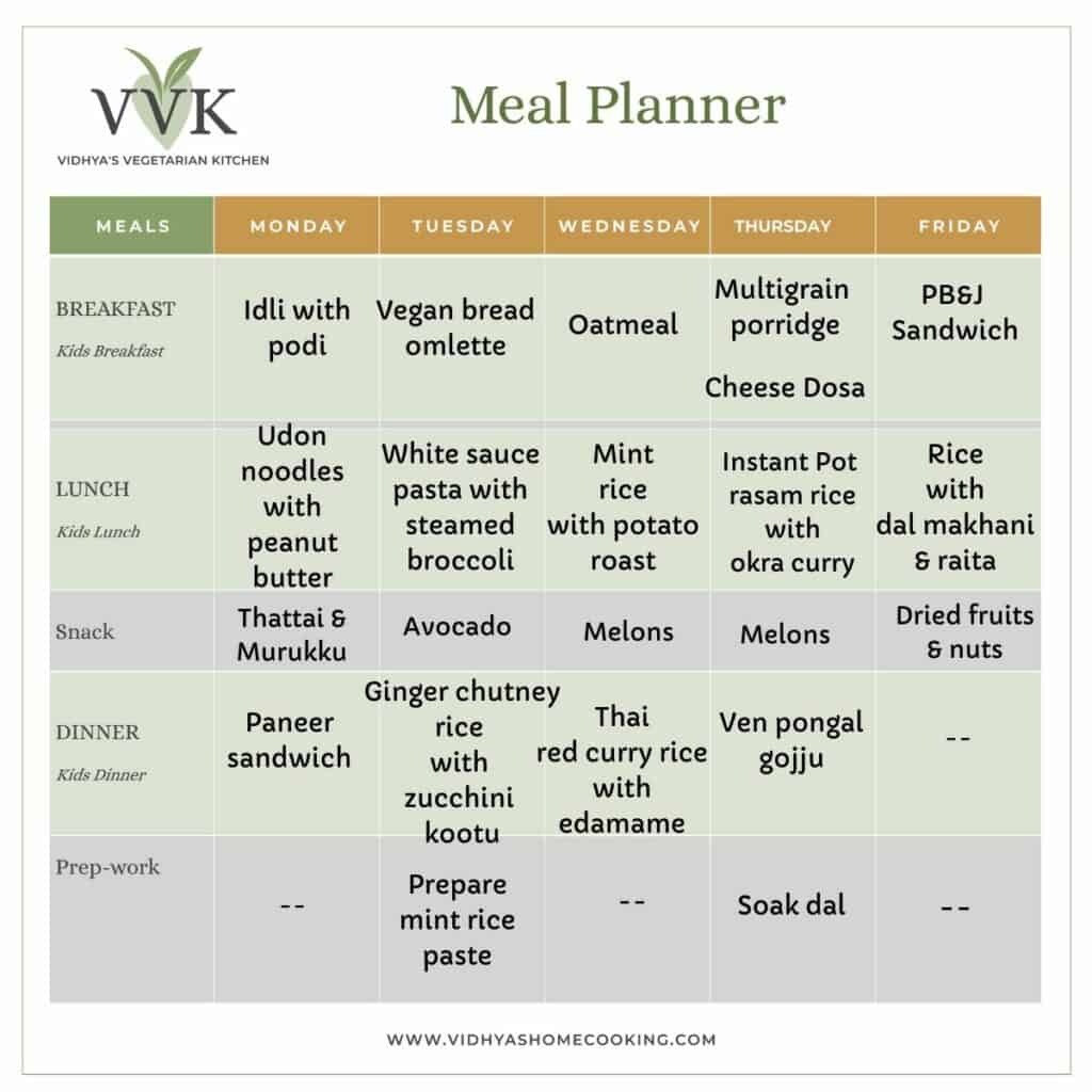 weekly vegetarian meal planner template with breakfast, lunch, snack and dinner options.