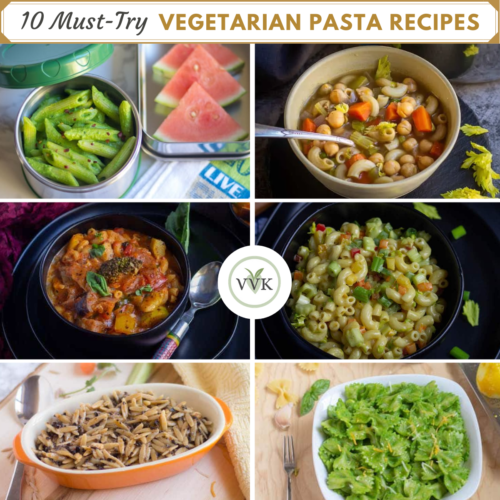 Vegetarian Pasta Recipes collage of six images with text on top