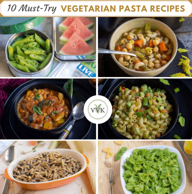 Vegetarian Pasta Recipes collage of six images with text on top