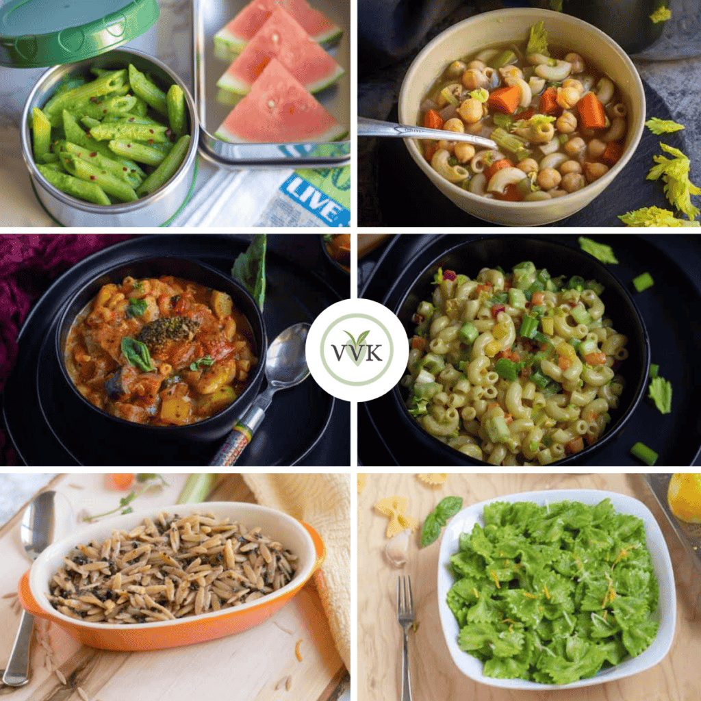 Vegetarian Pasta Recipes collage of six images with logo in the middle