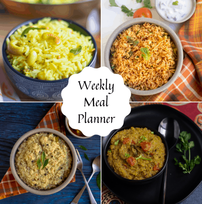 square image of weekly meal planner collage with variety rice recipes