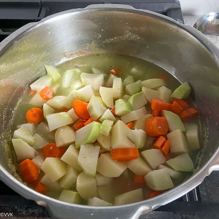 adding the veggies and water