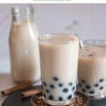 instant horchata boba served in glassware. Image with text overlay for pinterest