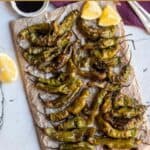 air fryer shishito peppers image with text overlay for pinterest