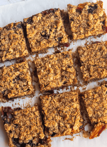 square image of crumble bars cut into 9 pieces