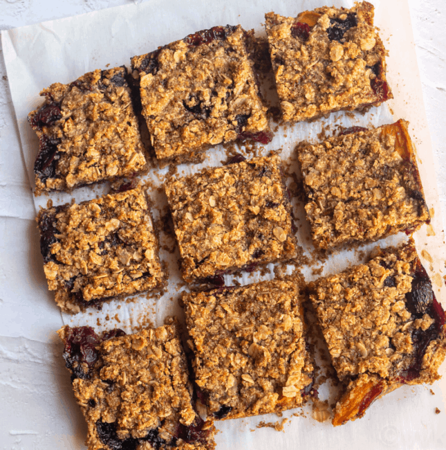 square image of crumble bars cut into 9 pieces