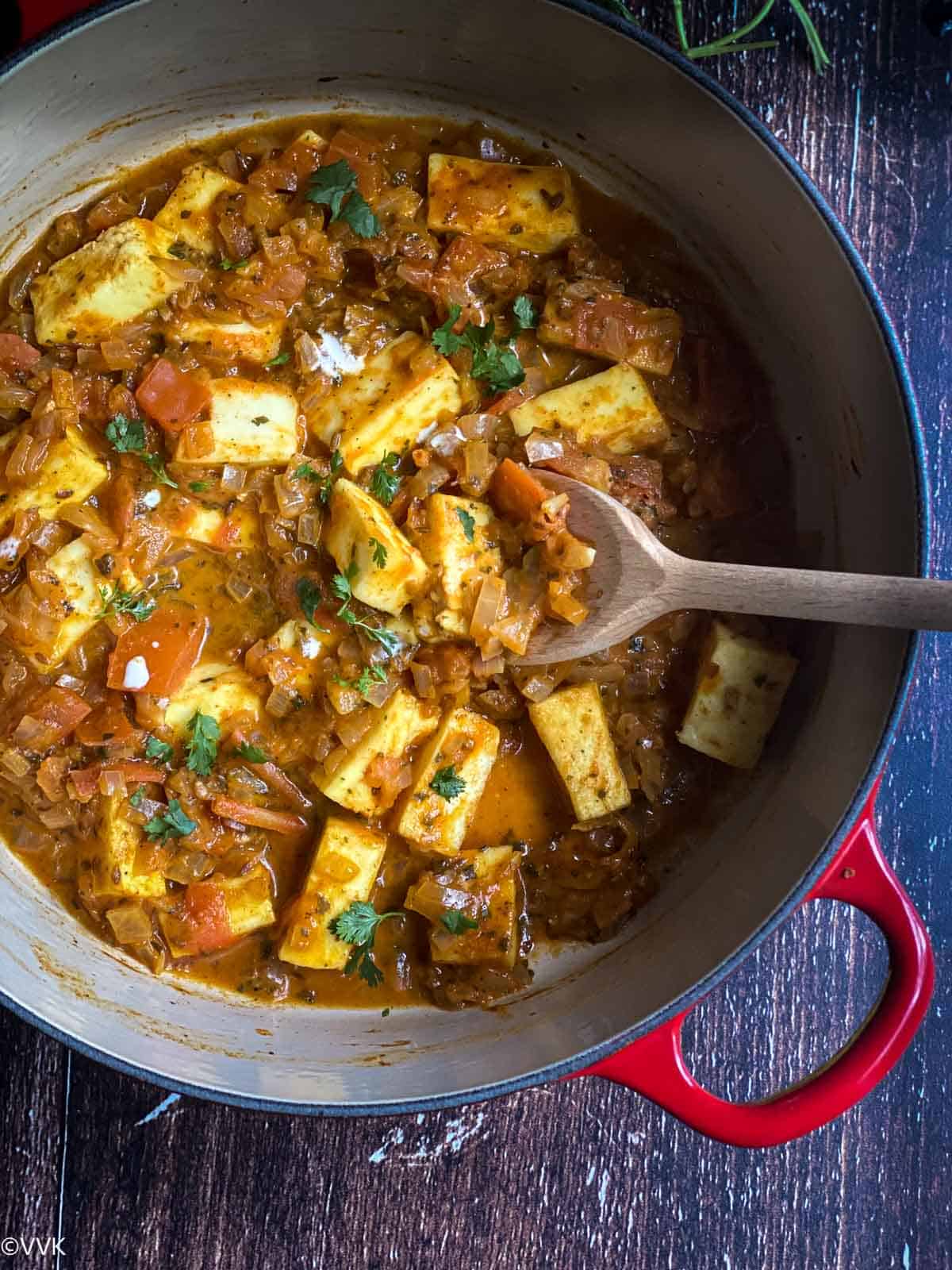easy paneer kolhapuri with store-bought masala served in Dutch Oven