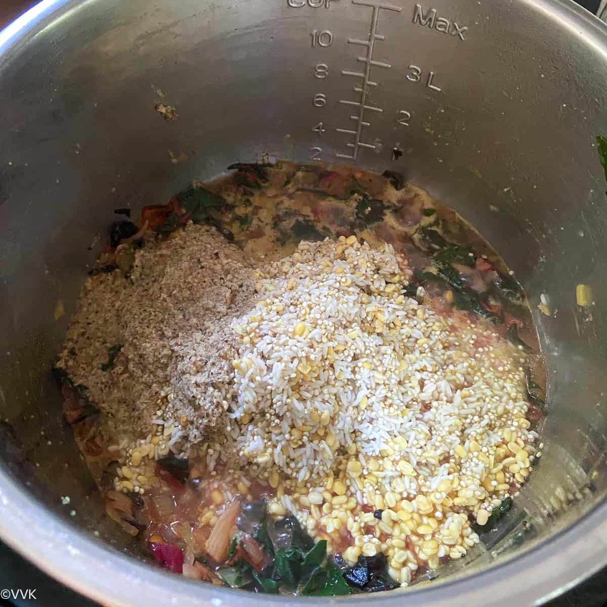 adding the quinoa, rice and lentils
