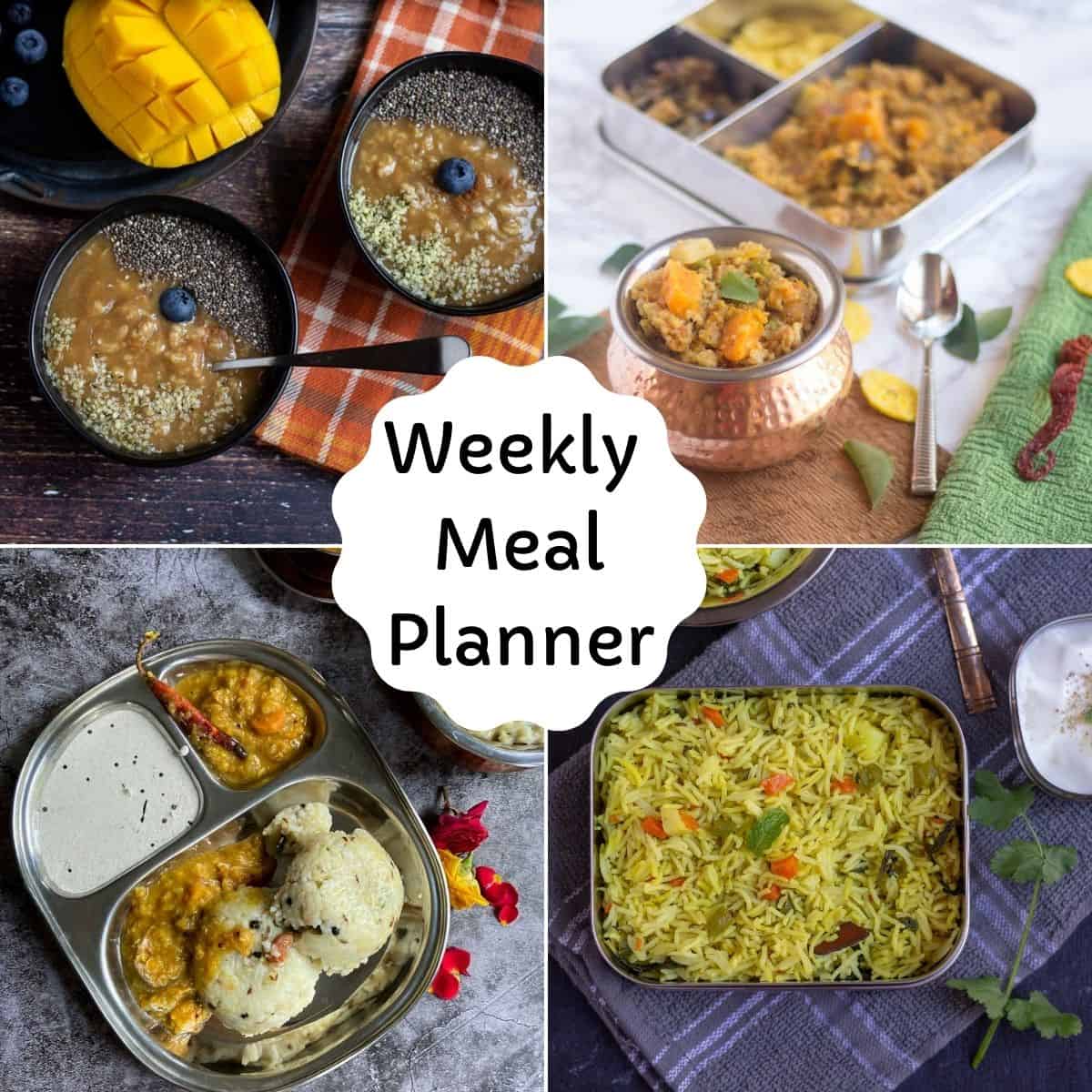 square image of weekly meal planner with recipe collage