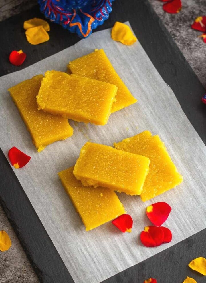 square image of mysore pak stacked up