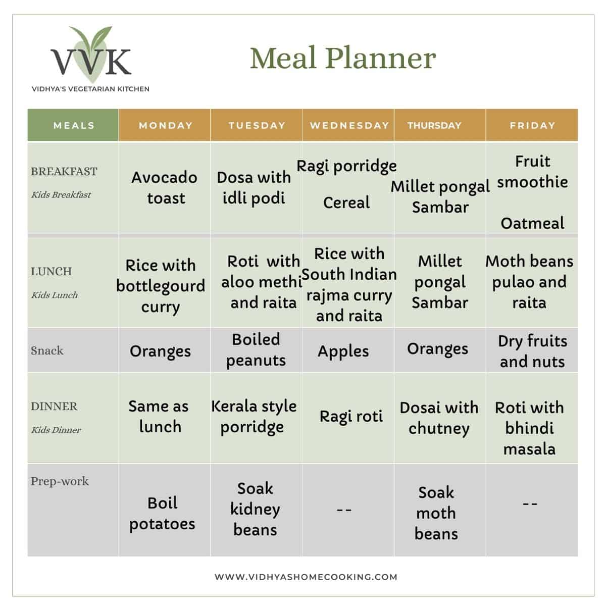 VVK Weekly Indian vegetarian meal planner