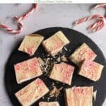 peppermint bark recipe with text overlay for pinterest