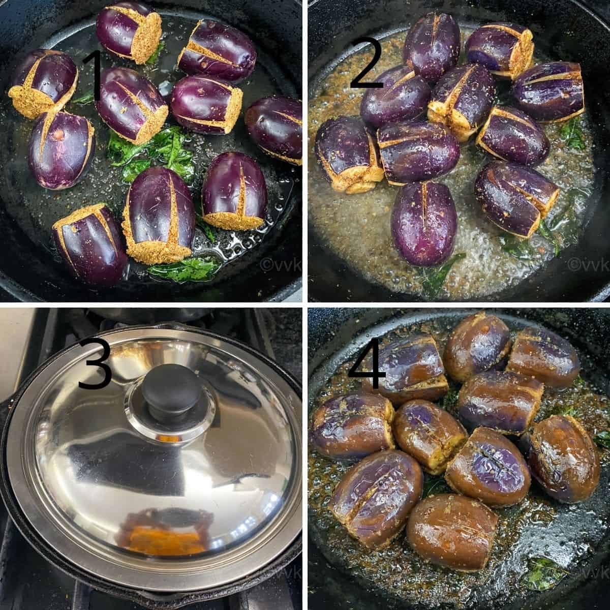 cooking the stuffed brinjals