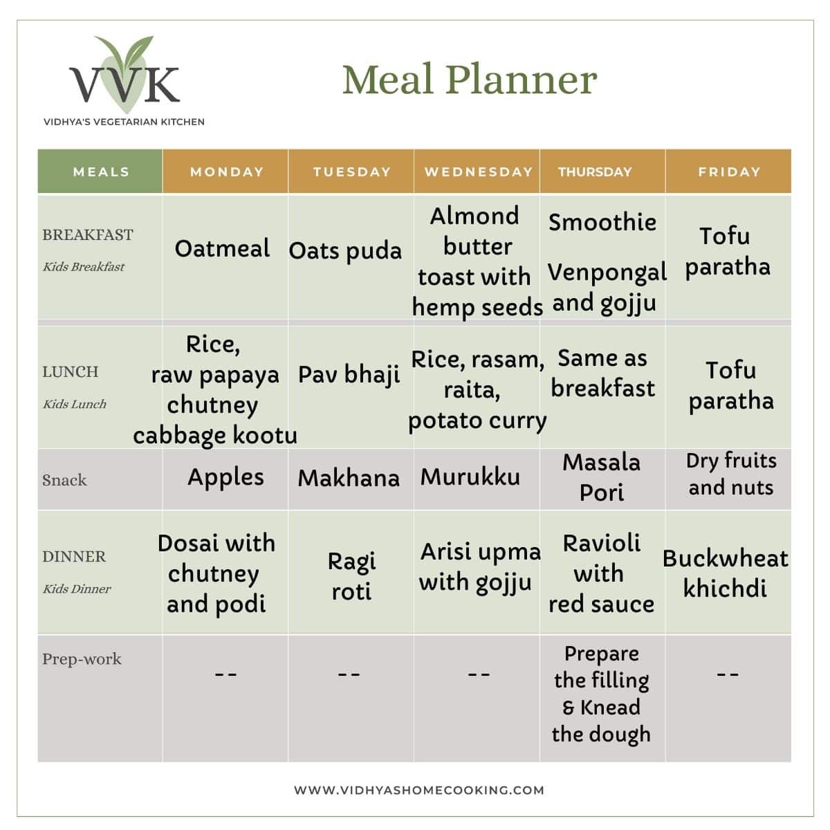 Indian Vegetarian Meal Plan  Weekly Meal Planner - Vidhya's Vegetarian  Kitchen