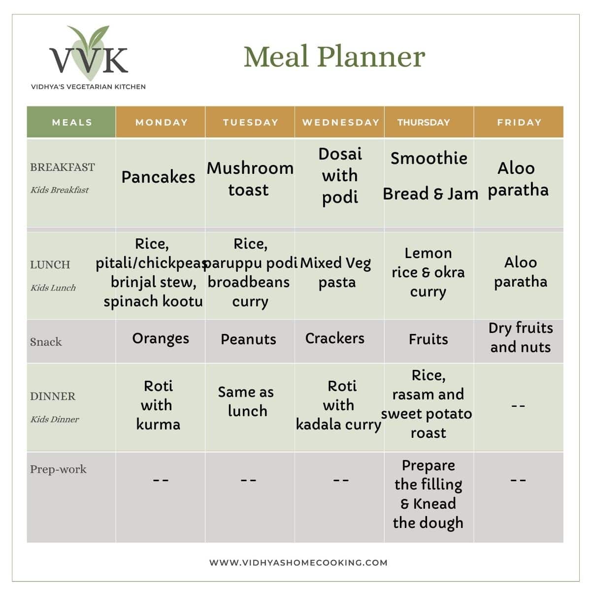 Indian Vegetarian Meal Plan  Weekly Meal Planner - Vidhya's Vegetarian  Kitchen