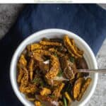 brinjal roast picture with text overlay for pinterest