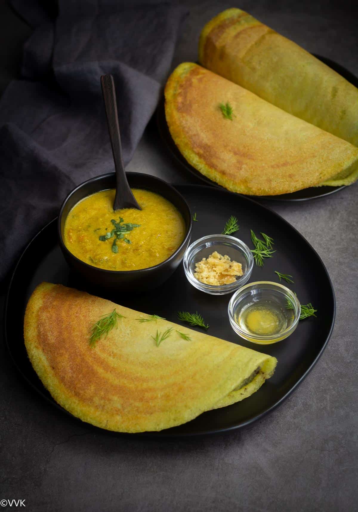 crispy dill leaves and toor dal dosa with kurma, ghee and jaggery and with more dosa on the side