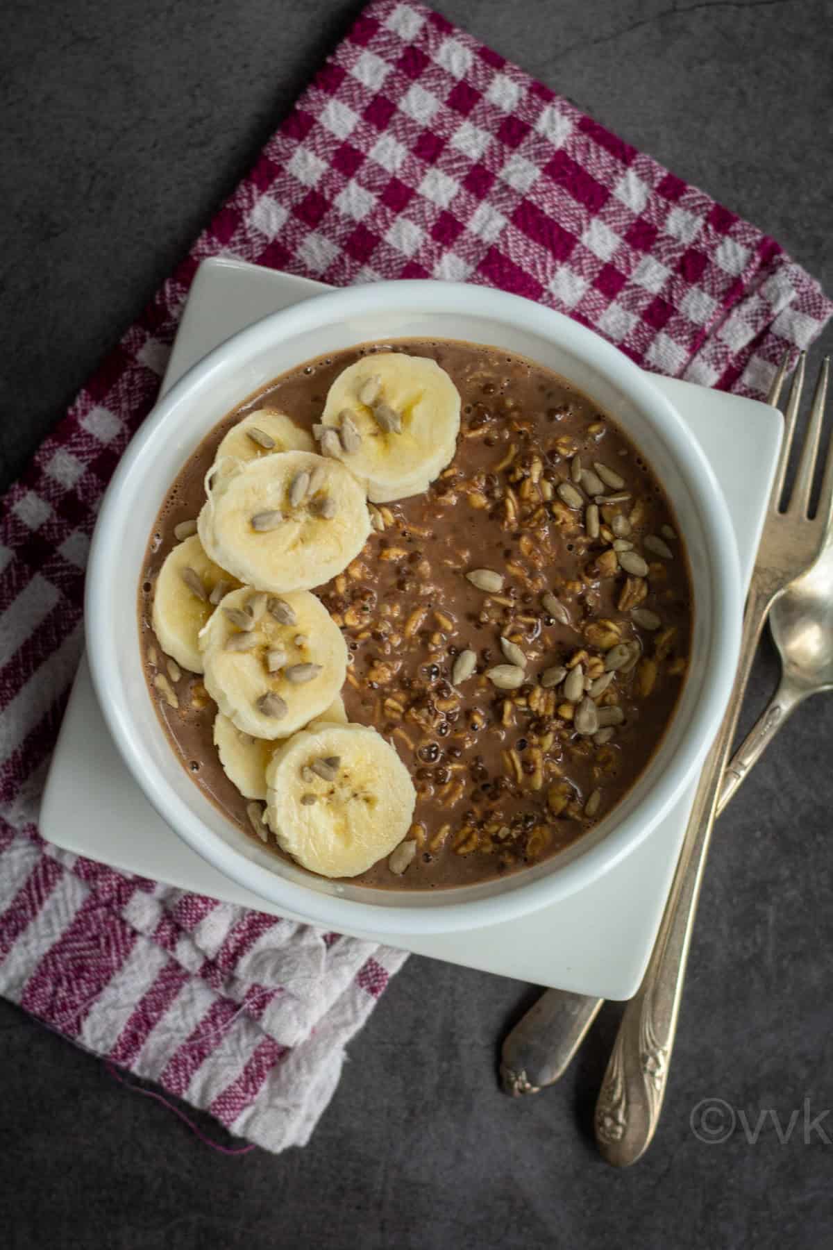 overhead shot of overnight nights oats with chocolate and peanut butter